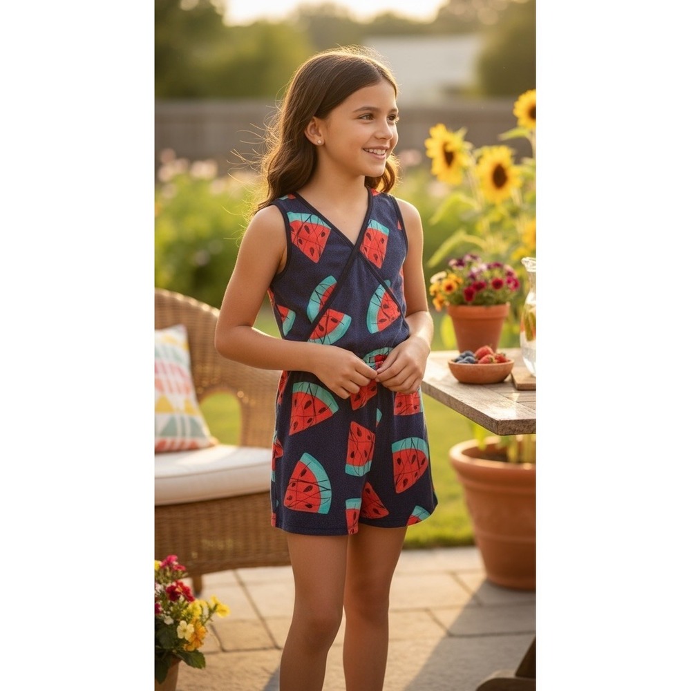 Tea Collection Sleeveless Cross-back Romper Kids S16, Wax Print Watermelon, Blue